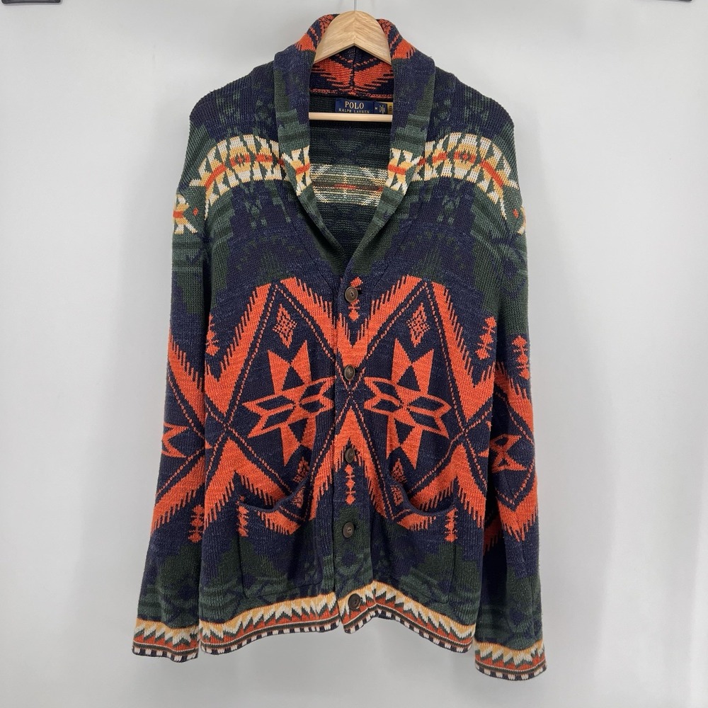 Polo Ralph Lauren Aztec Sweater Size Medium Multicolor Knit Cardigan Pullover